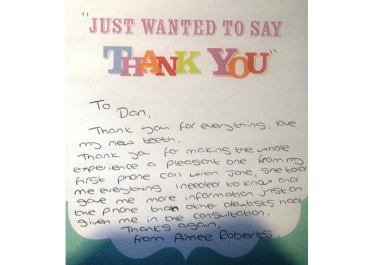 Handwritten thank-you card sent to Azure Dental