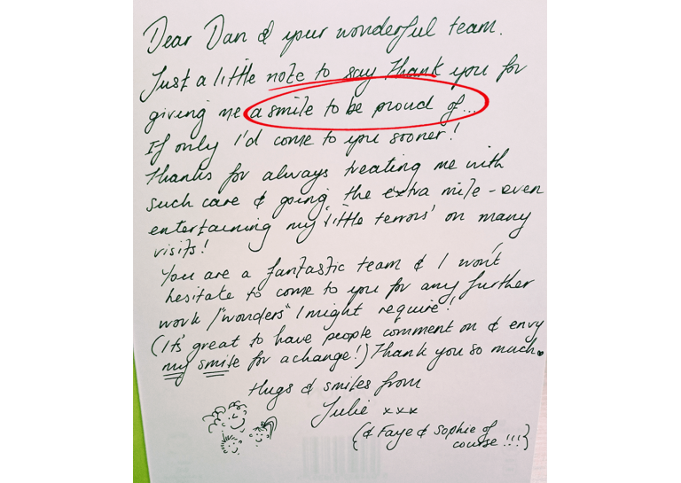 Handwritten card from a dental patient