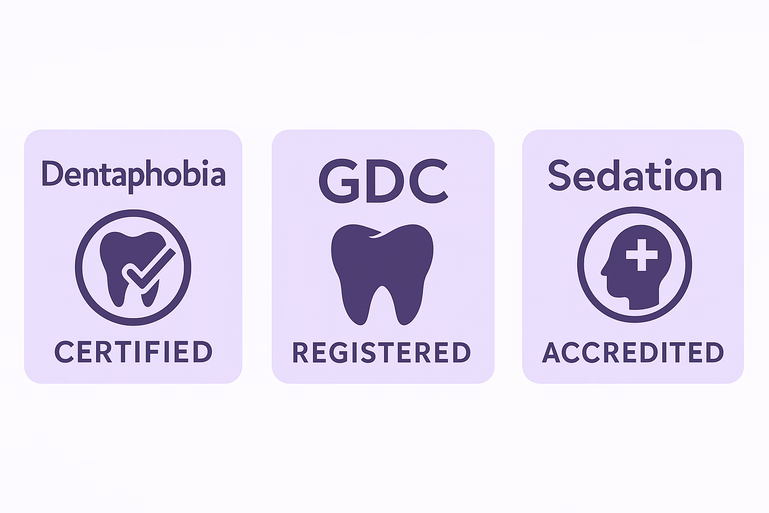 Azure Dental certifications: GDC Registered, Dental Phobia Certified, Sedation Accredited