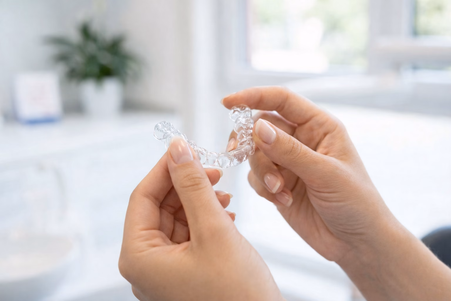 Is Invisalign painful? Aligners in hand ready to be gently inserted