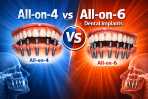 Image outlining the options of All-on-4 vs All-on-6 Dental Implant Therapy
