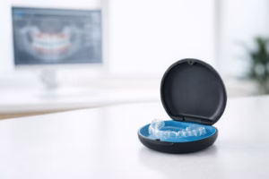 Image showing invisalign clear aligners in their case with the 3D digital planning simulation in the background