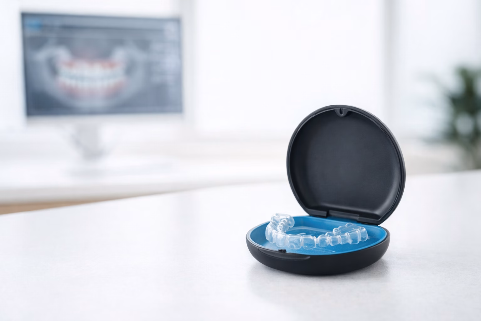 Clear aligners in case with digital planning scan in background