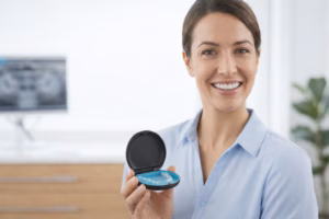 Image of a lady holding her Invisalign case with the aligners inside