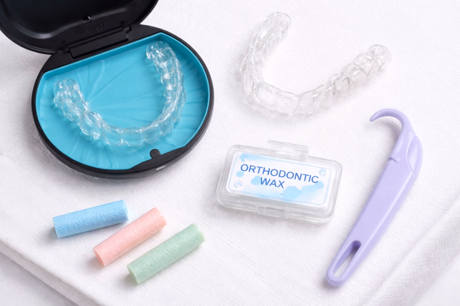 Is Invisalign painful? Dental aligner care tools including chewies wax aligner case and removal tool