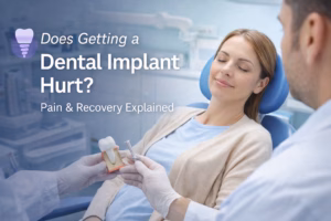 A patient having a consultation to discuss does getting a dental implant hurt?