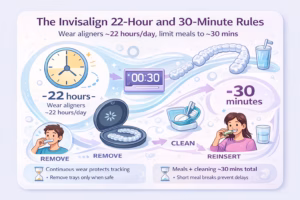 Infographic image showing the Invisalign 22 hour and 30minute rules