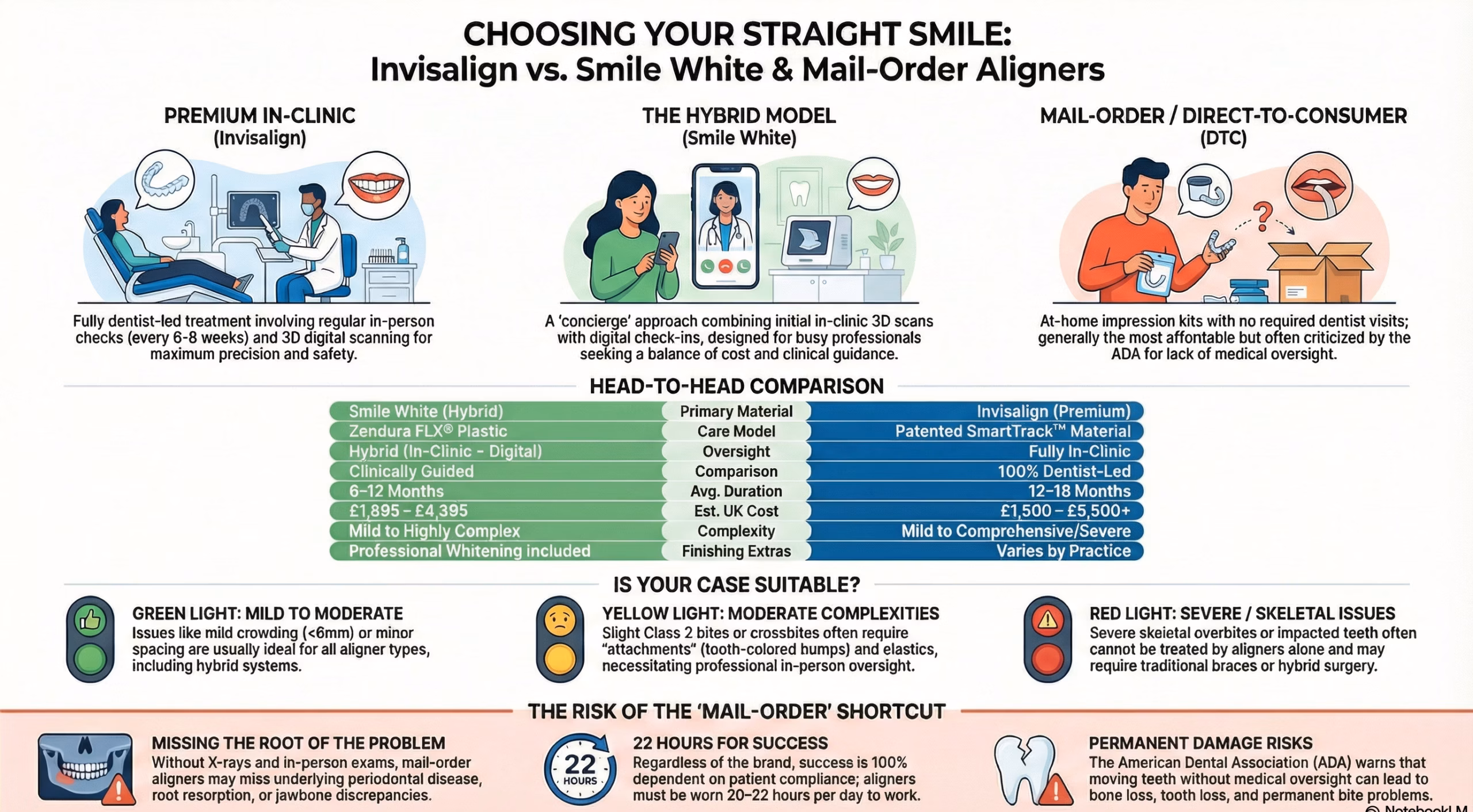 Invisalign vs mail order aligners comparison infographic showing clinician-led vs at-home aligner differences