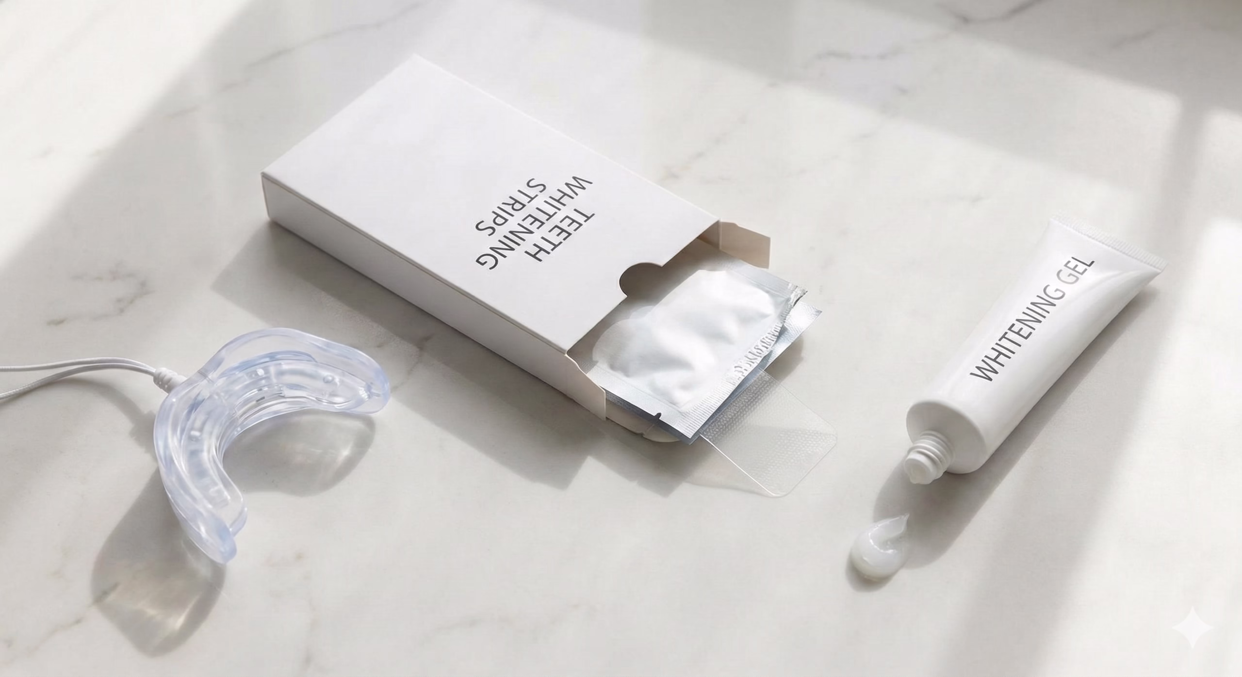 OTC strips and LED device on a bathroom counter