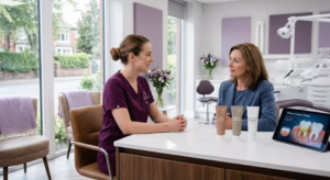 Dentist discussing toothpaste options for gum health and sensitive teeth with a patient at Azure Dental in Formby