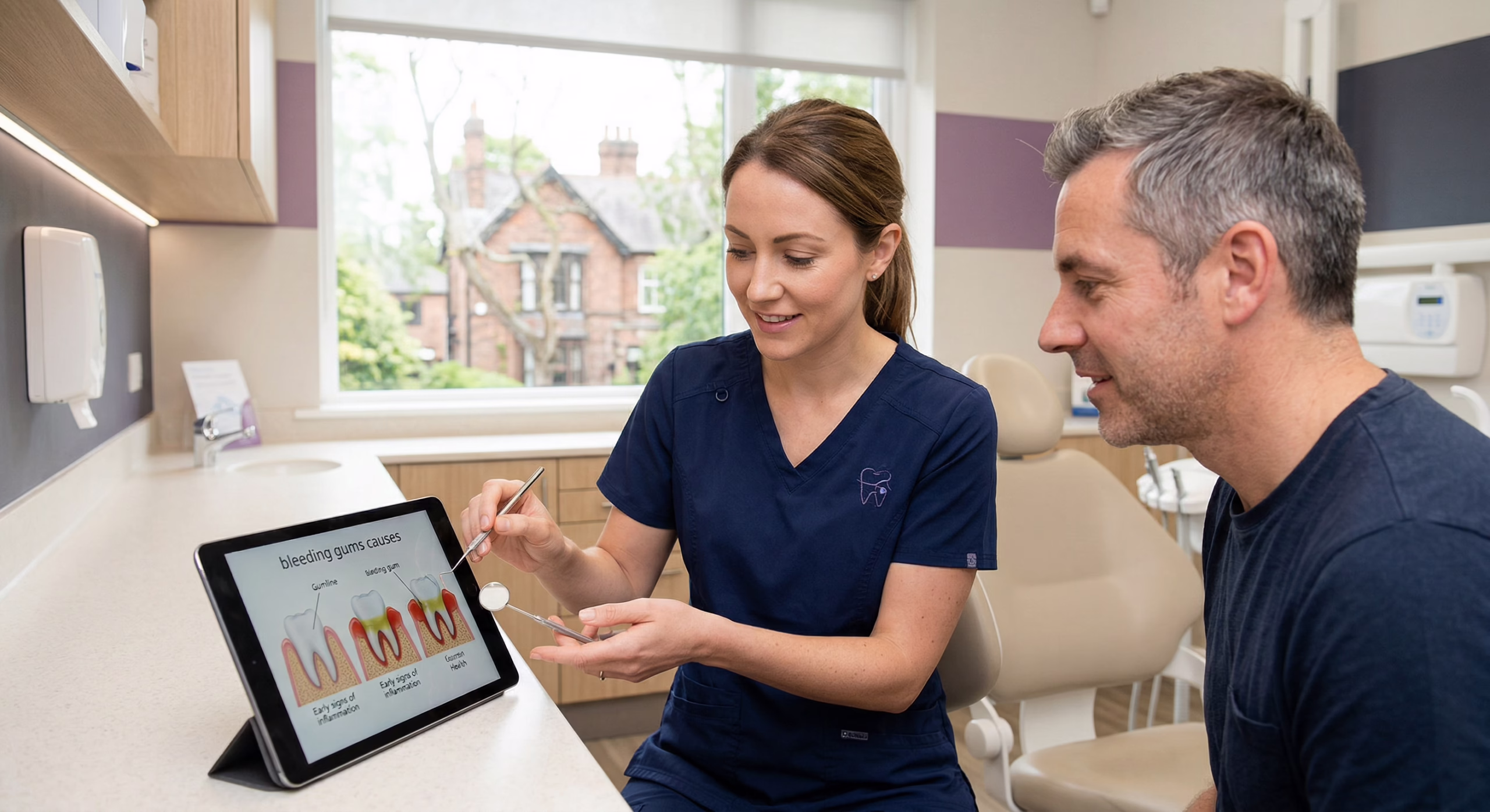 Dentist discussing bleeding gums causes during a gum health check at Azure Dental in Formby