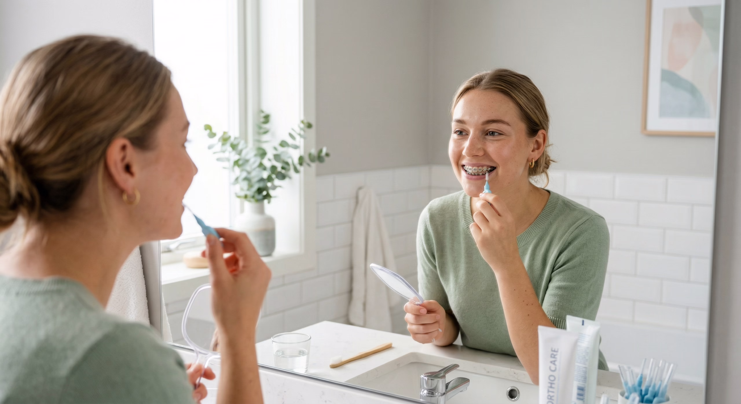 Braces aftercare guide showing a patient cleaning around fixed braces with an interdental brush