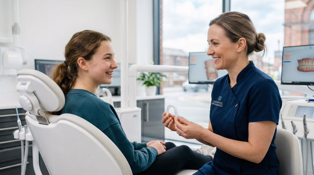 Teenage patient discussing Invisalign Teen and clear braces at Azure Dental in Liverpool