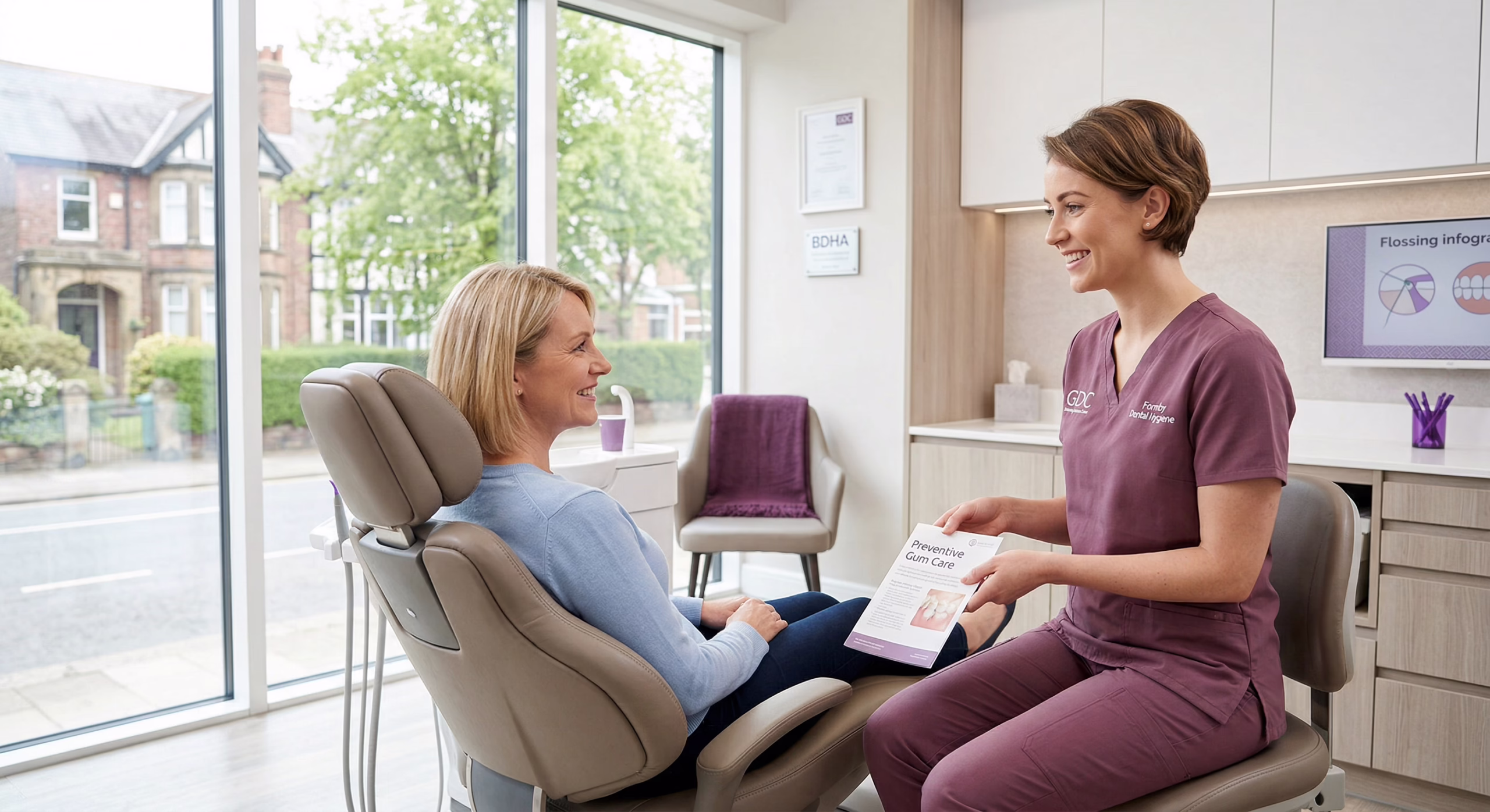 What does a dental hygienist do? Dental hygienist explaining preventive cleaning and gum care to a patient at Azure Dental in Formby