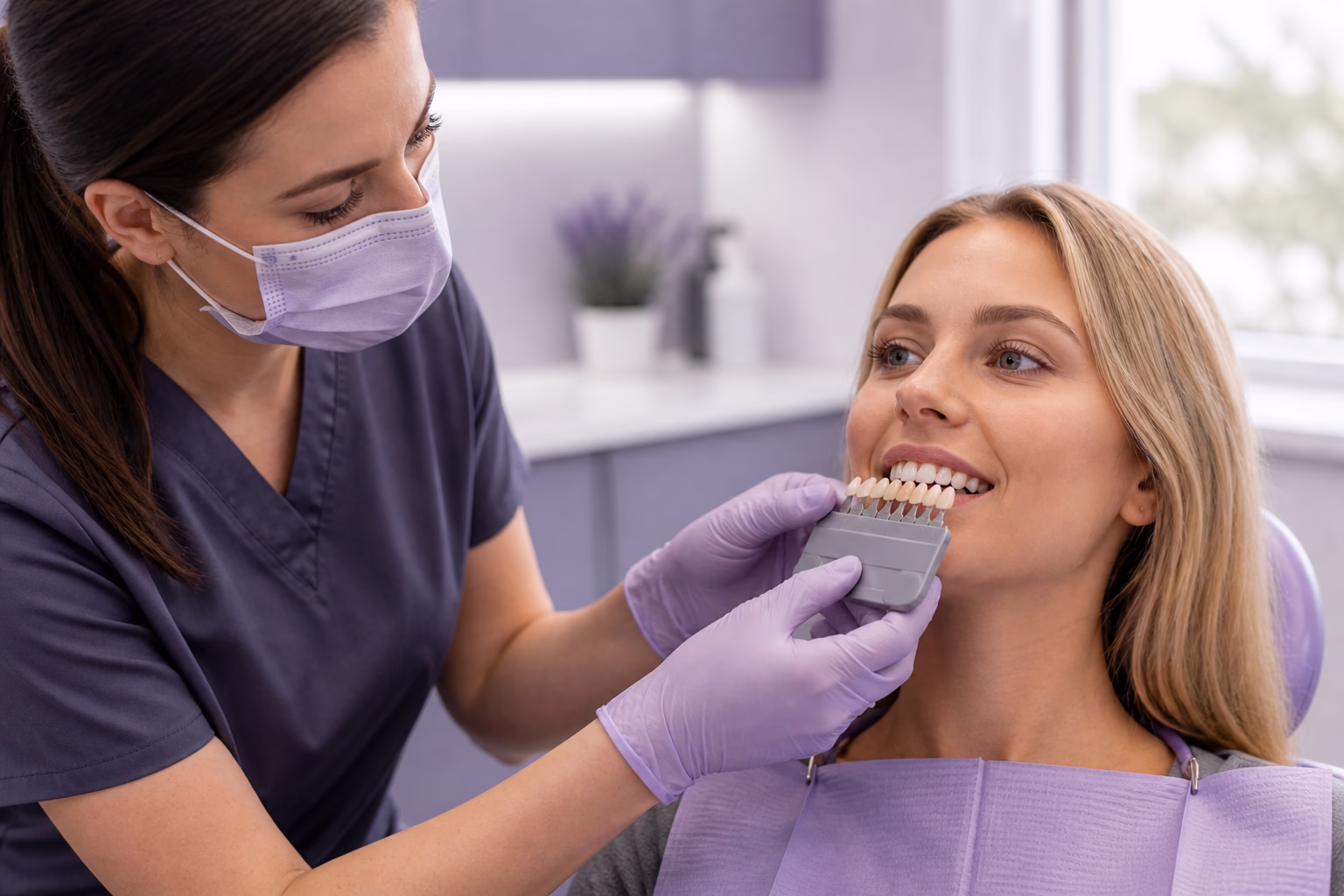 Dentist matching the shade of a front tooth filling
