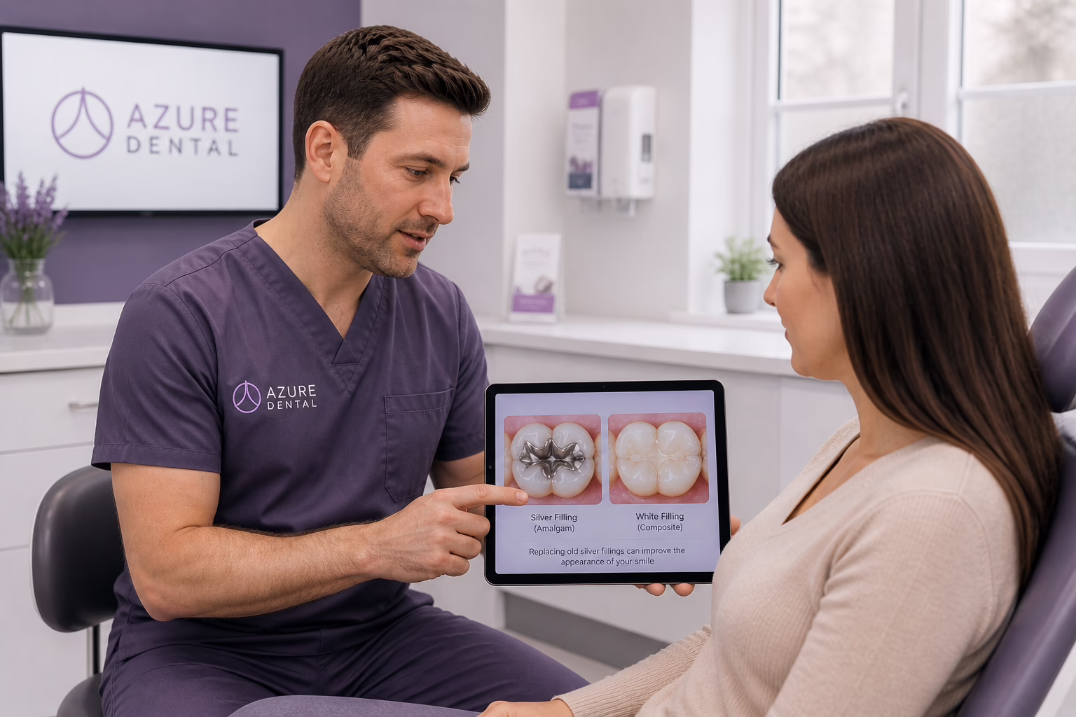 Dentist discussing replacement of an old silver filling with a patient