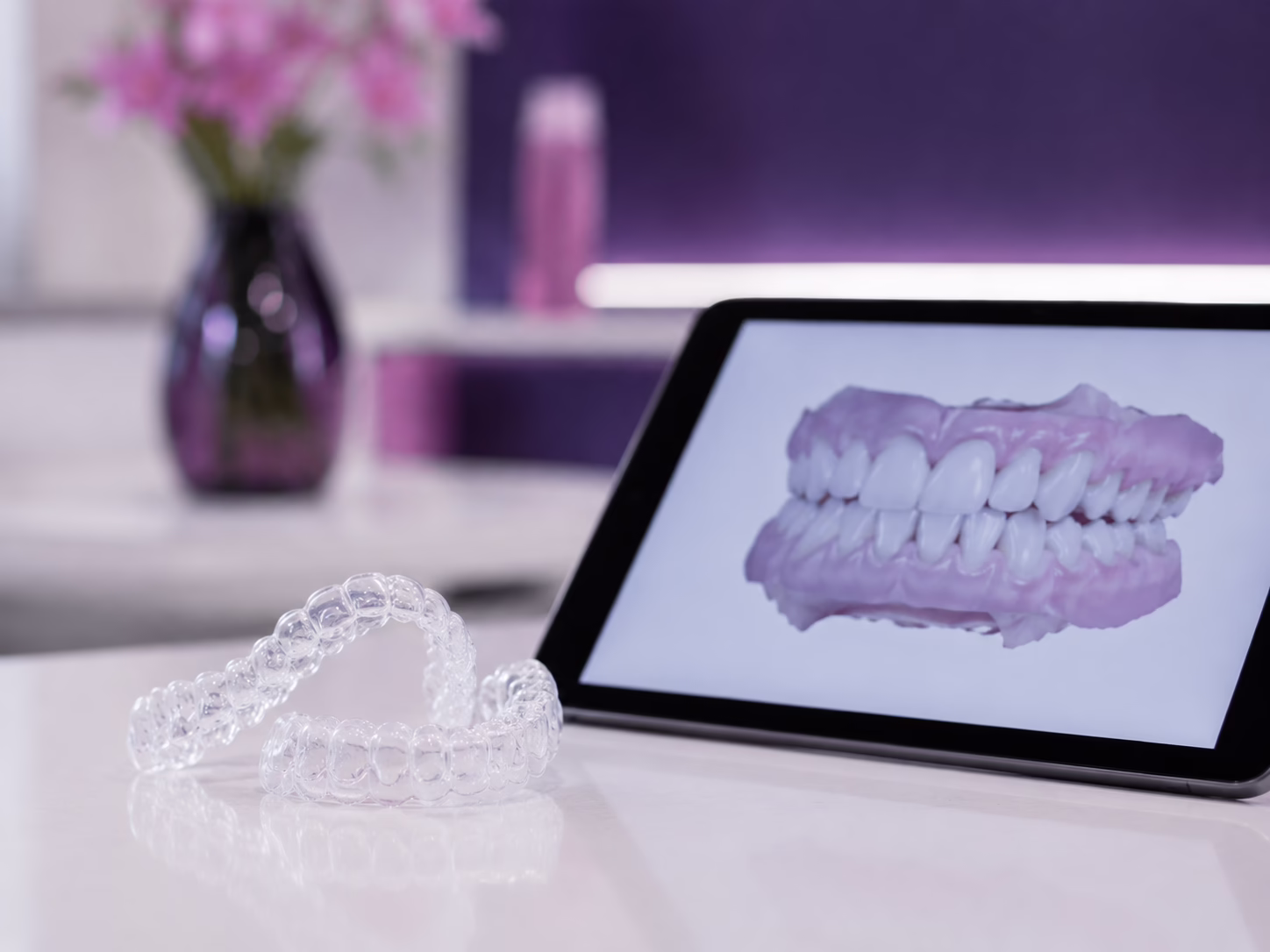 Clear aligners beside a digital dental scan at Azure Dental in Formby
