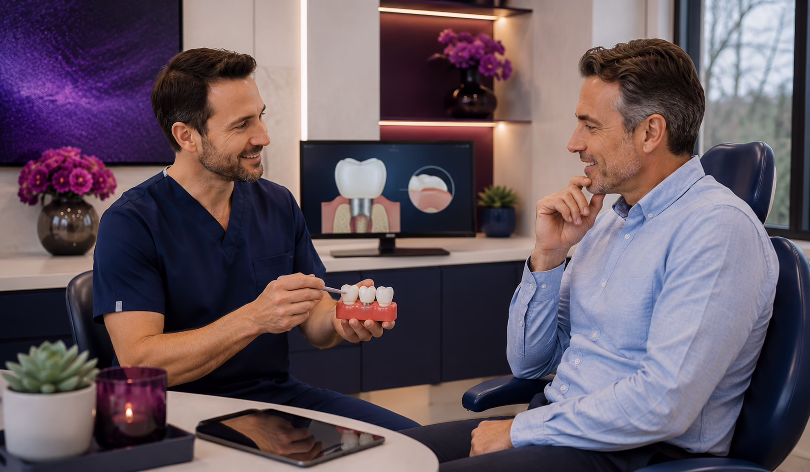 Dentist explaining do teeth decay under crowns at Azure Dental Liverpool